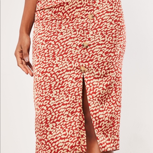 Red Leopard Button Down Midi Skirt - Picture 3 of 5